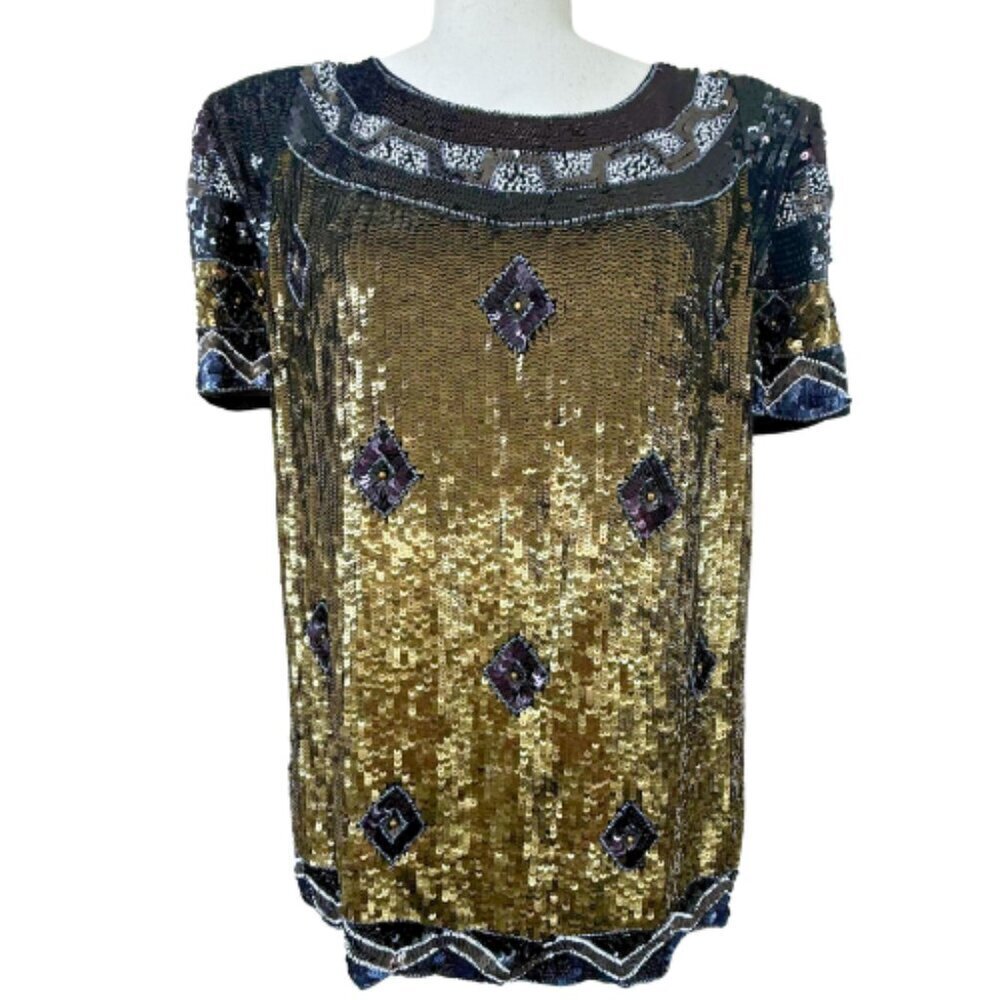 FRENCH CONNECTION Carnival Sequin Black Gold Short Sleeve Top Size 10 - Picture 2 of 16